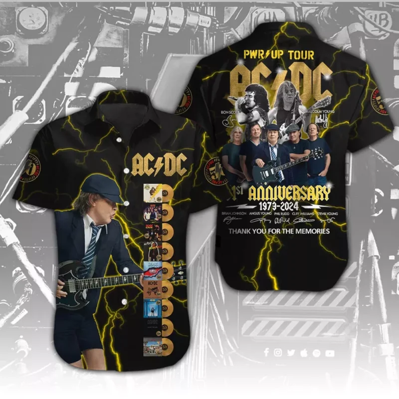 Black AC/DC anniversary tour shirt, lightning design, button-up style, featuring album covers and band graphics.