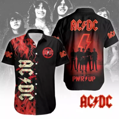 Black AC/DC short sleeve shirt with red flames, band logo, and graphic design, ideal for music fans and casual wear.