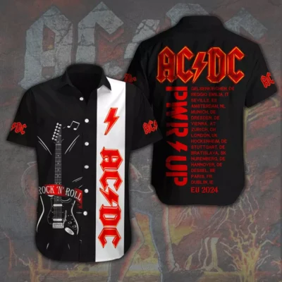 Black and white rock band-themed button-up shirt with guitar print and tour dates, cotton material, casual style.