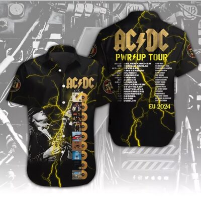 Black AC/DC Power Up Tour 2024 shirt with lightning design, featuring tour dates and album covers, unisex casual wear.