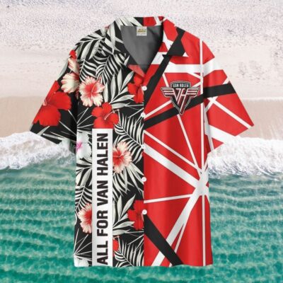 Red and black floral Hawaiian shirt, Van Halen design, short-sleeve, casual beachwear, lightweight fabric.