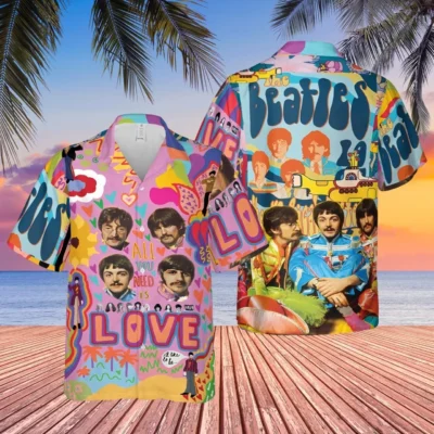 Colorful Beatles-themed Hawaiian shirt, vibrant design, short-sleeve, casual wear, music lover's clothing, summer style.