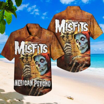 Misfits Hawaiian shirt with skeleton design, brown and red, casual beachwear, graphic short-sleeve, cotton blend.