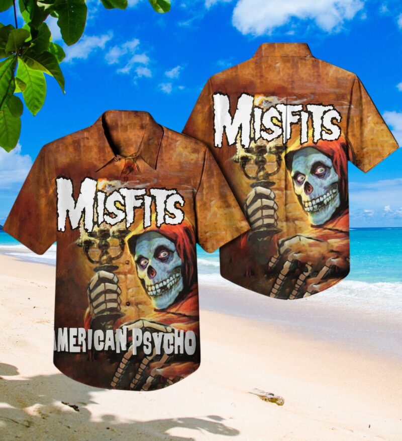 Misfits Hawaiian shirt with skeleton design, brown and red, casual beachwear, graphic short-sleeve, cotton blend.