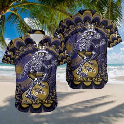 Unisex purple and gold Ravens-themed Hawaiian shirt with skeleton graphic, perfect for beach parties.