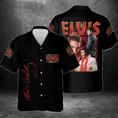 Black Elvis-themed Hawaiian shirt with graphic design, button-up style, casual wear, cotton blend material.
