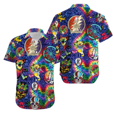 Colorful psychedelic tie-dye short sleeve shirt with vibrant abstract patterns, ideal for casual wear and festivals.