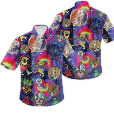 Colorful psychedelic button-up shirt with vibrant tie-dye design, featuring playful patterns for casual wear.