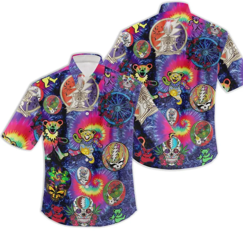 Colorful psychedelic button-up shirt with vibrant tie-dye design, featuring playful patterns for casual wear.