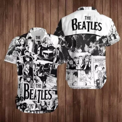 Black and white Beatles comic-style short-sleeve shirt, vintage design, casual wear, cotton material.