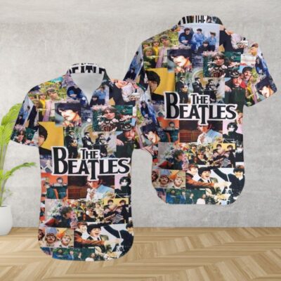 Colorful Beatles collage short sleeve shirt, casual style, vibrant design, perfect for music fans and everyday wear.