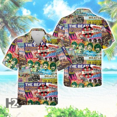Colorful graphic print short-sleeve shirt featuring band-themed designs, perfect for casual beachwear.
