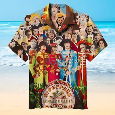 Colorful Beatles-themed Hawaiian shirt with Sgt. Pepper's design, ideal for casual beachwear and music fans.