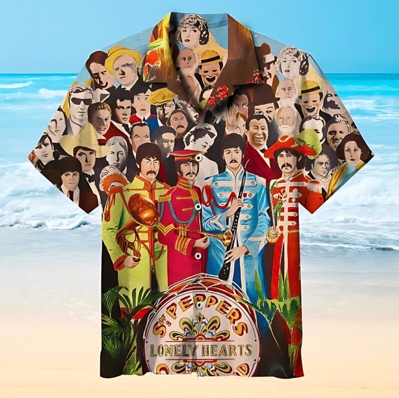 Colorful Beatles-themed Hawaiian shirt with Sgt. Pepper's design, ideal for casual beachwear and music fans.