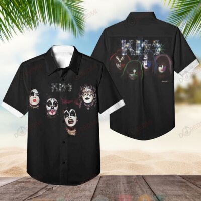 Black short-sleeve shirt with band graphic design, casual beachwear style, perfect for music fans.