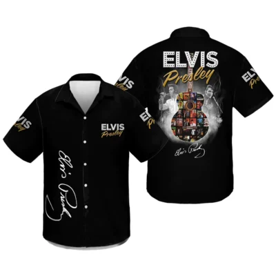 Black short-sleeve button-up shirt with guitar graphic and signature print, music-themed casual wear.