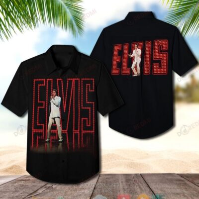 Black short-sleeve shirt with red "Elvis" graphic design, casual wear, cotton material.
