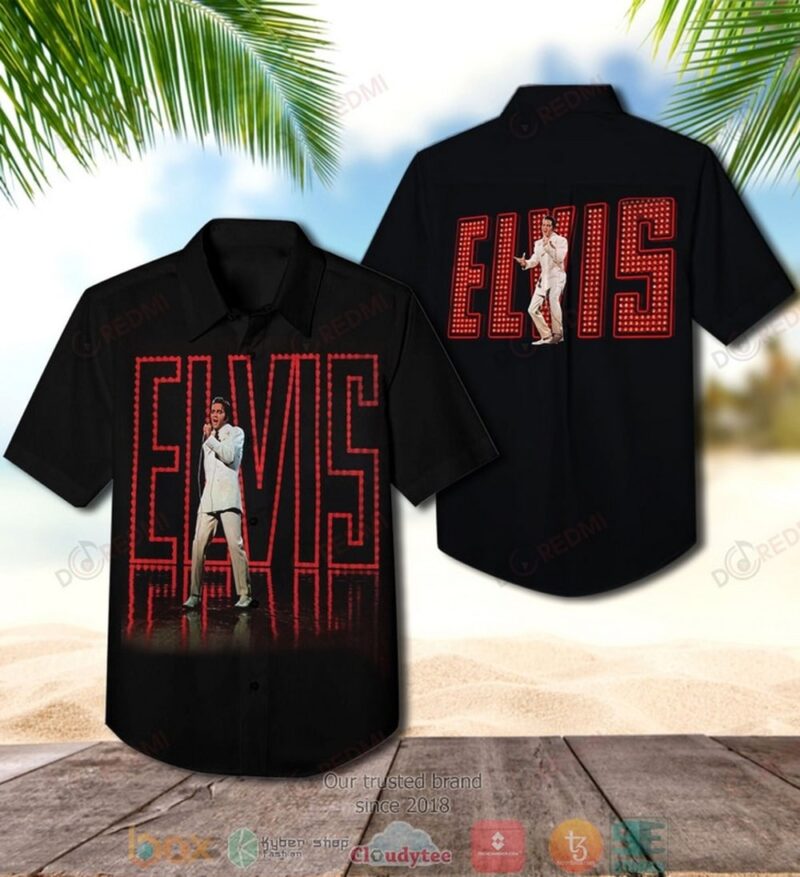 Black short-sleeve shirt with red "Elvis" graphic design, casual wear, cotton material.