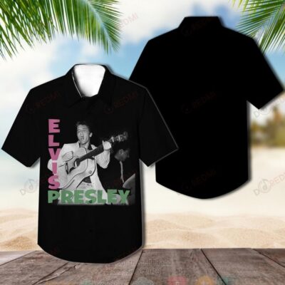 Black short-sleeve shirt with vintage guitar print, ideal for casual wear, made from lightweight cotton blend.