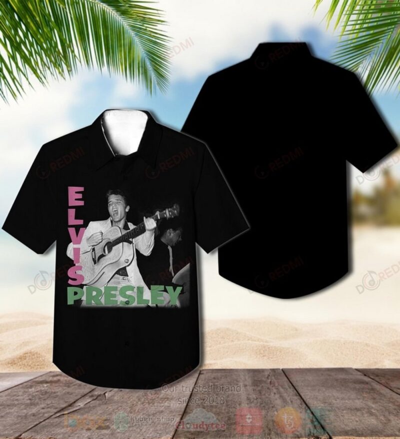 Black short-sleeve shirt with vintage guitar print, ideal for casual wear, made from lightweight cotton blend.
