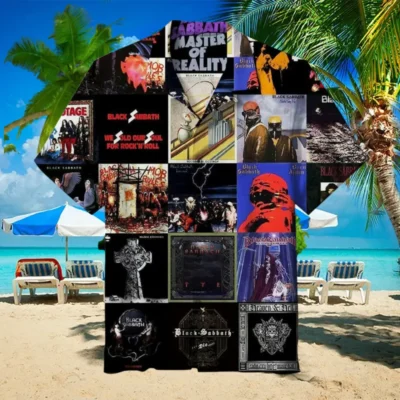 Rock band album cover collage Hawaiian shirt, vibrant beachwear, casual and stylish summer apparel for music fans.