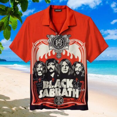 Red graphic Hawaiian shirt with vintage band design, short sleeves, casual beachwear, lightweight polyester material.