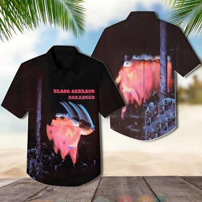 Black graphic short-sleeve button-up shirt featuring vibrant design and bold text, perfect for casual wear and music fans.