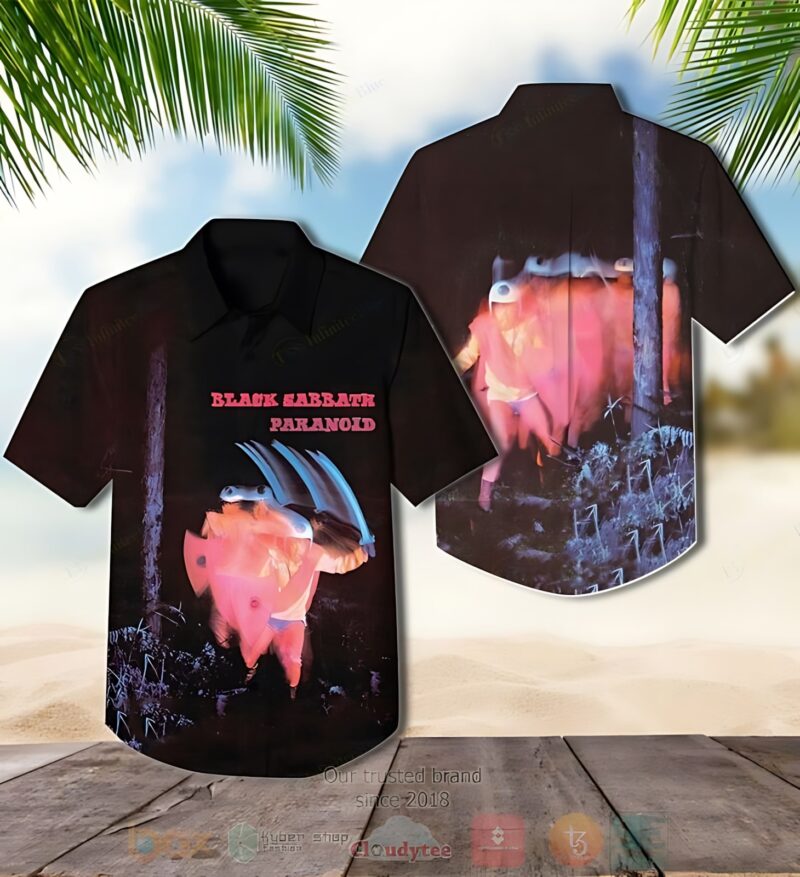 Black graphic short-sleeve button-up shirt featuring vibrant design and bold text, perfect for casual wear and music fans.