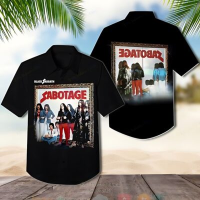 Black short-sleeve shirt featuring vintage "Sabotage" album cover graphic, perfect for casual wear.