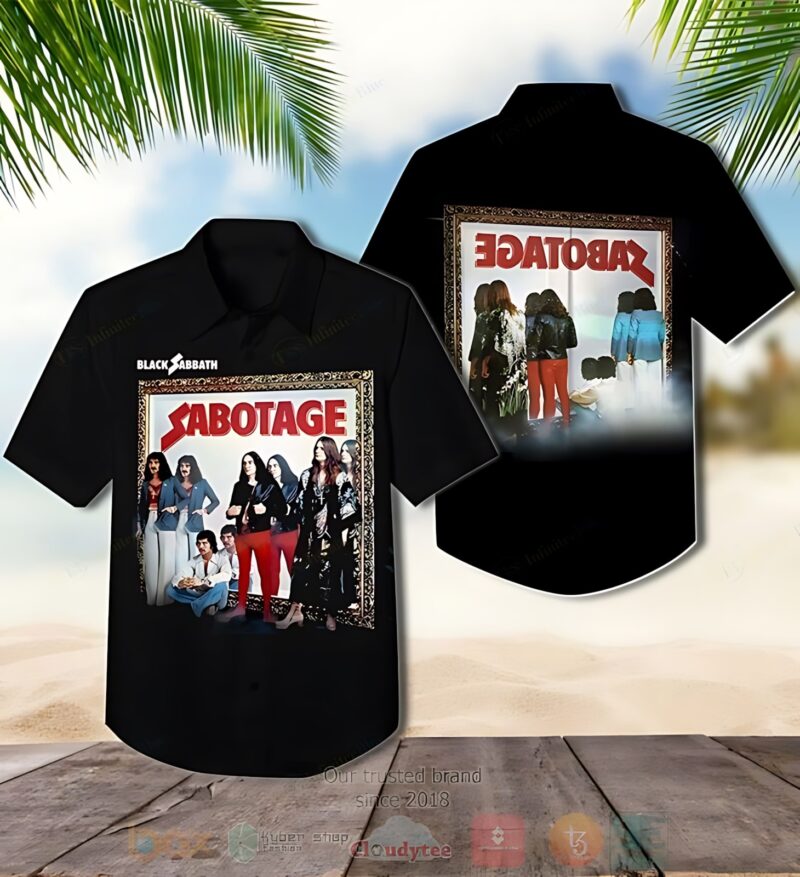 Black short-sleeve shirt featuring vintage "Sabotage" album cover graphic, perfect for casual wear.