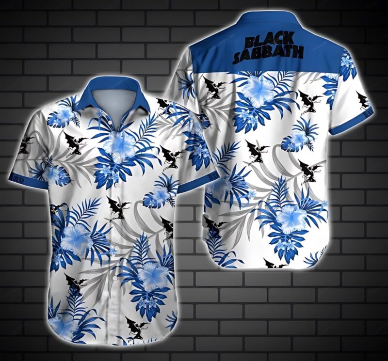 Blue floral Hawaiian shirt with short sleeves, featuring a tropical pattern and bold lettering on the back.