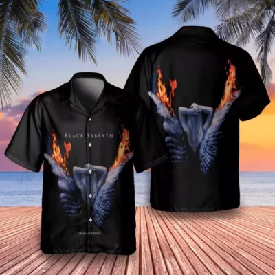 Black graphic short-sleeve button-up shirt with flame and angel design, perfect for casual wear or summer outings.