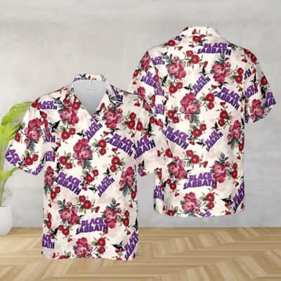 Floral Hawaiian shirt with red and pink flowers, white background, short-sleeve, casual summer wear, lightweight fabric.