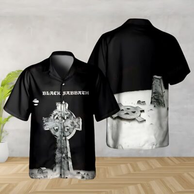 Black short-sleeve shirt with Gothic cross print, casual style, perfect for music fans, made of lightweight fabric.