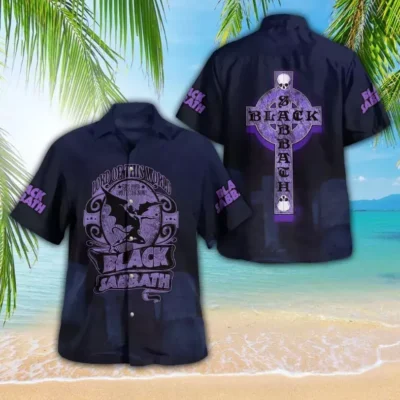 Black Sabbath-themed Hawaiian shirt, dark blue with purple graphics, casual beachwear, short-sleeve, cotton blend.