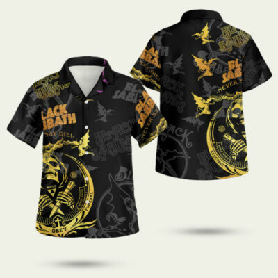 Black graphic short-sleeve button-up shirt with yellow accents, featuring bold text and artistic designs, casual wear.