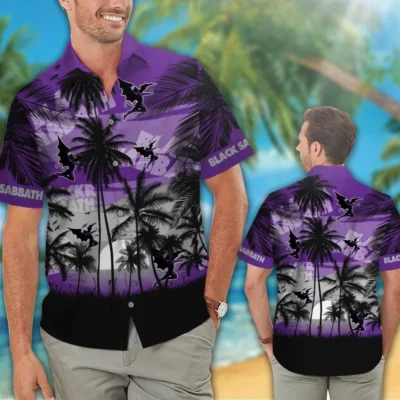 Purple tropical palm tree print button-up shirt, casual beachwear, short sleeves, Black Sabbath theme, summer style.