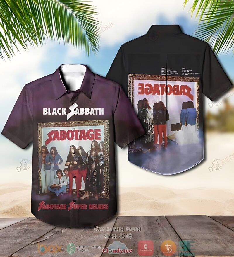 Black Sabbath Sabotage album cover shirt, black short-sleeve, vintage rock band style, casual wear.