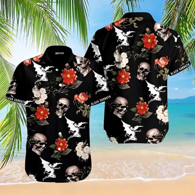 Black floral and skull Hawaiian shirt, short sleeves, casual beachwear, breathable fabric.
