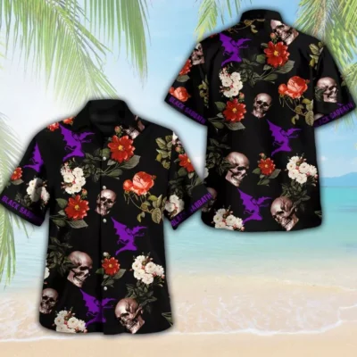 Black floral skull print Hawaiian shirt with purple accents, short sleeves, beachwear, casual summer style.