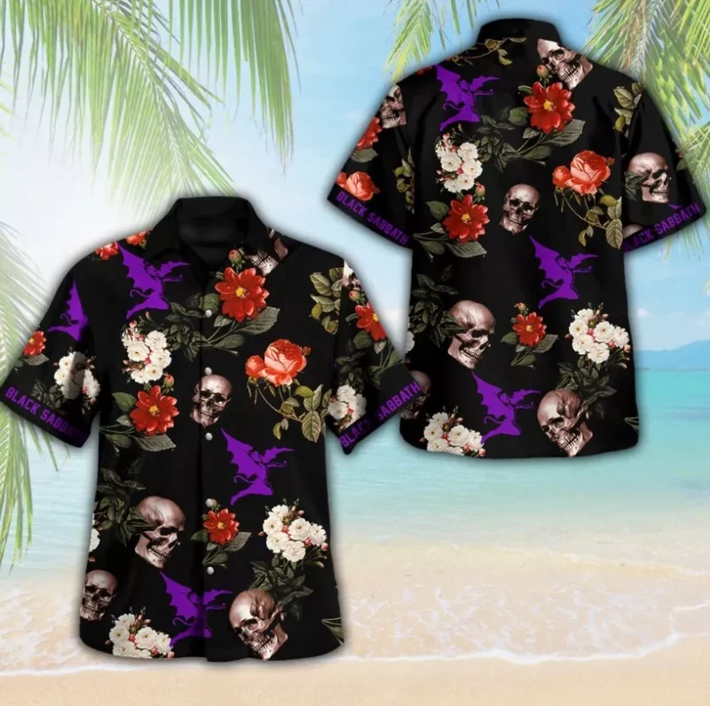 Black floral skull print Hawaiian shirt with purple accents, short sleeves, beachwear, casual summer style.