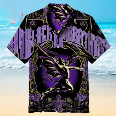 Black and purple graphic Hawaiian shirt with gothic design, short-sleeve, beachwear, polyester fabric.