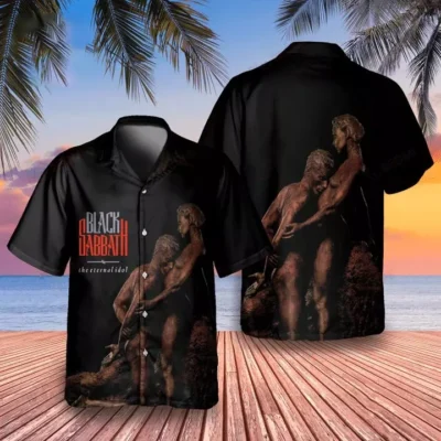 Black graphic Hawaiian shirt, short-sleeve, button-up, beachwear, casual style, polyester material.