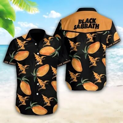 Black tropical short-sleeve shirt with orange fruit and bat pattern, casual beachwear, cotton blend.