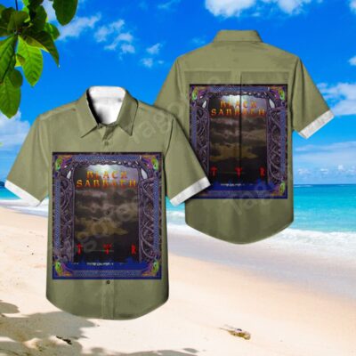 Olive green short-sleeve button-up shirt with graphic print, casual beachwear, lightweight and stylish for summer.