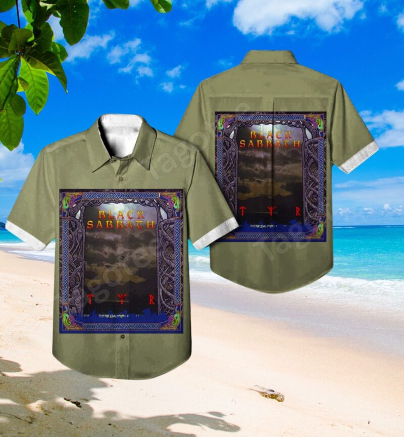 Olive green short-sleeve button-up shirt with graphic print, casual beachwear, lightweight and stylish for summer.