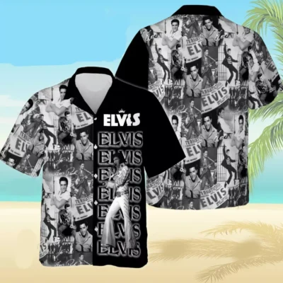 Black and white graphic print Hawaiian shirt, short-sleeve, casual summer wear, featuring retro music-themed design.