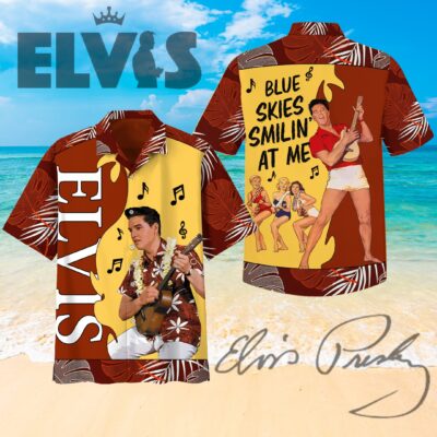 Tropical Elvis-themed Hawaiian shirt, brown and yellow, musical design, perfect for casual summer wear.