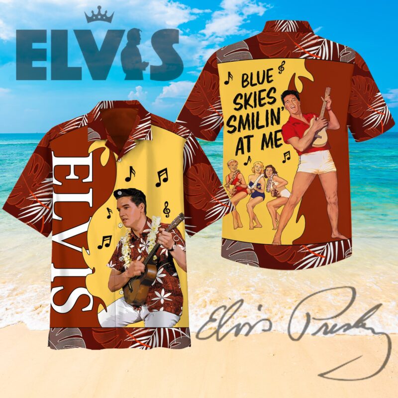 Tropical Elvis-themed Hawaiian shirt, brown and yellow, musical design, perfect for casual summer wear.