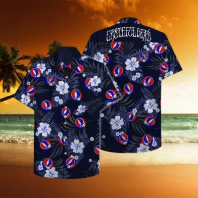 Navy Hawaiian shirt with floral and graphic print, short-sleeve, casual summer wear, lightweight fabric.